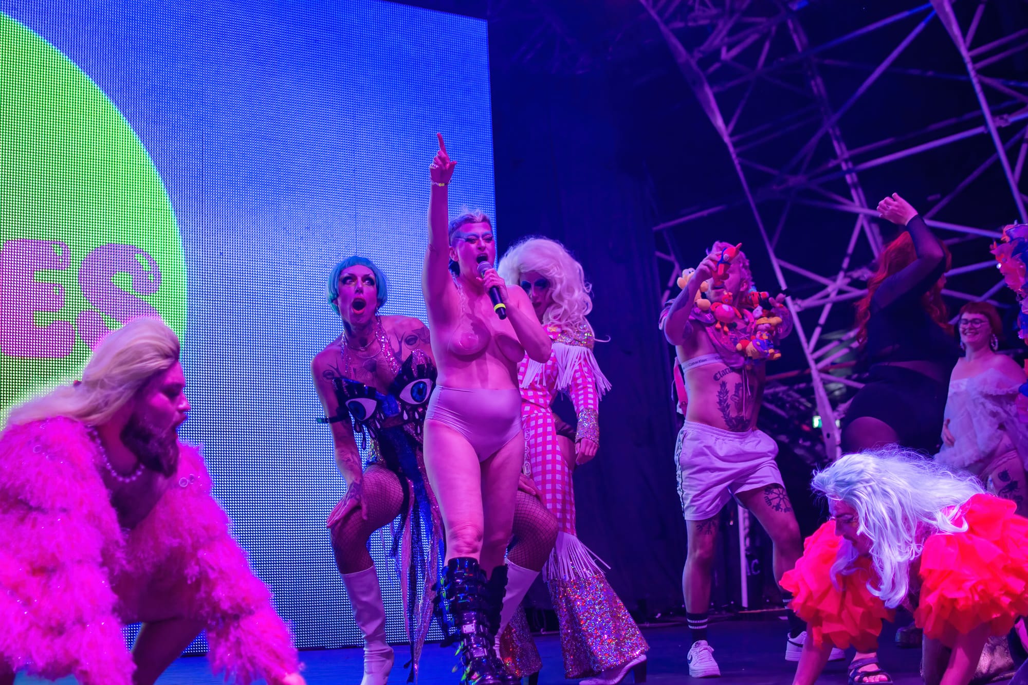 Performing on stage with Peaches, Margate Pride 2023. Photo: Curtousy Pretzel Cage