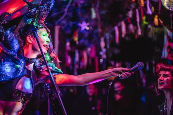 A woman wearing a flamboyant outfit performs life, reaching out to the audience with her microphone